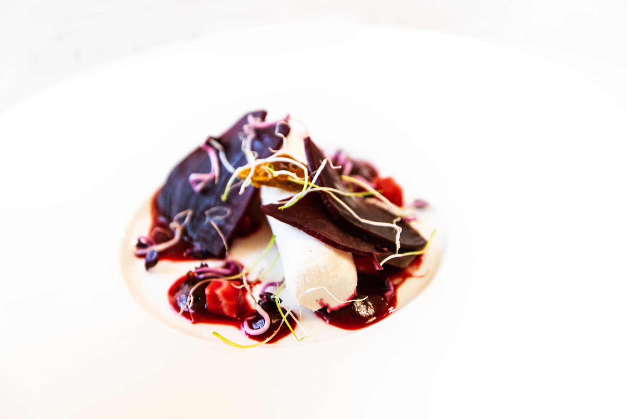 Close-up plated course with technical garnish